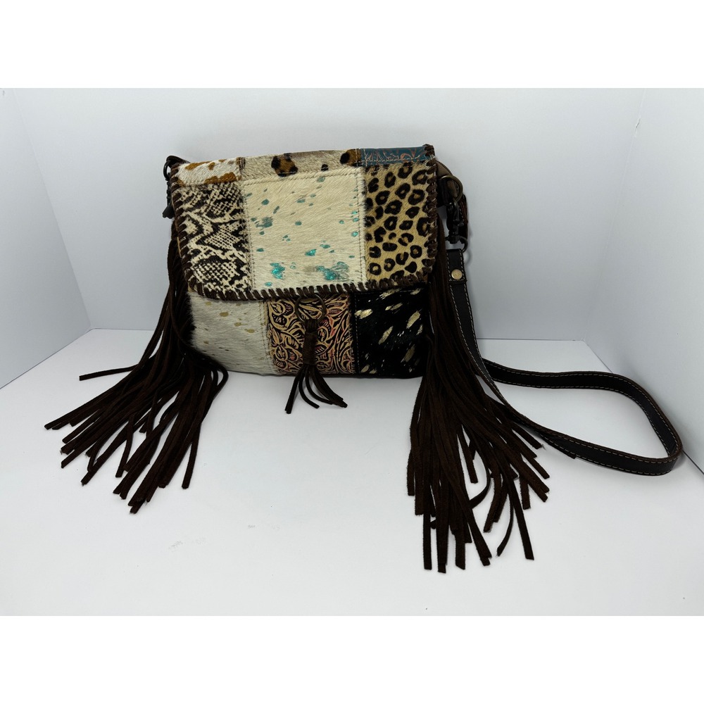 Myra Bag Womens Patchwork Leather Hair-on-Hide Fringe Western Crossbody Brown OS